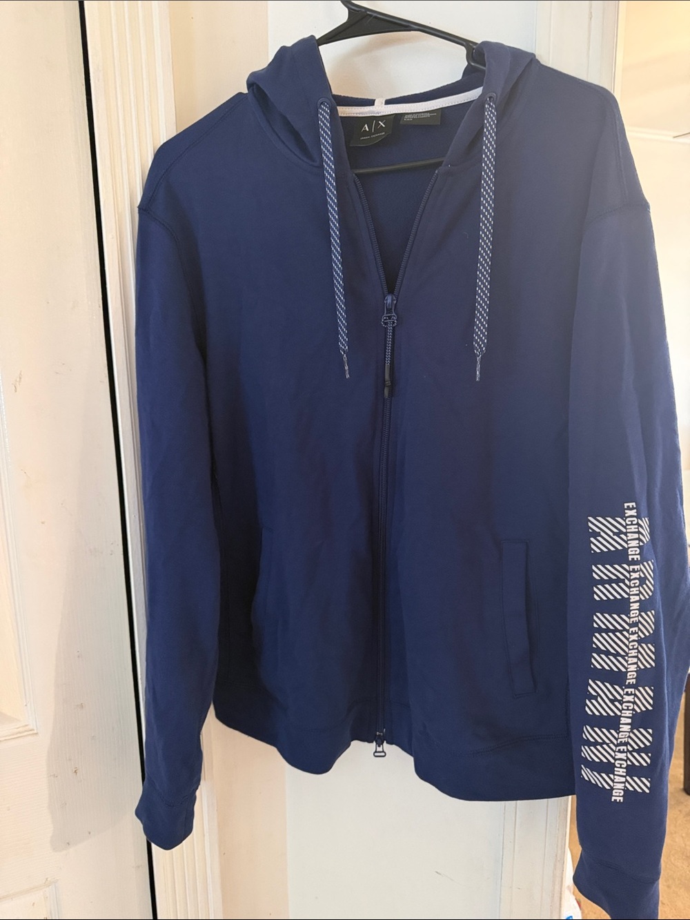 A/X Armani Exchange Navy Zip-Up Hoodie with Sleeve Print
